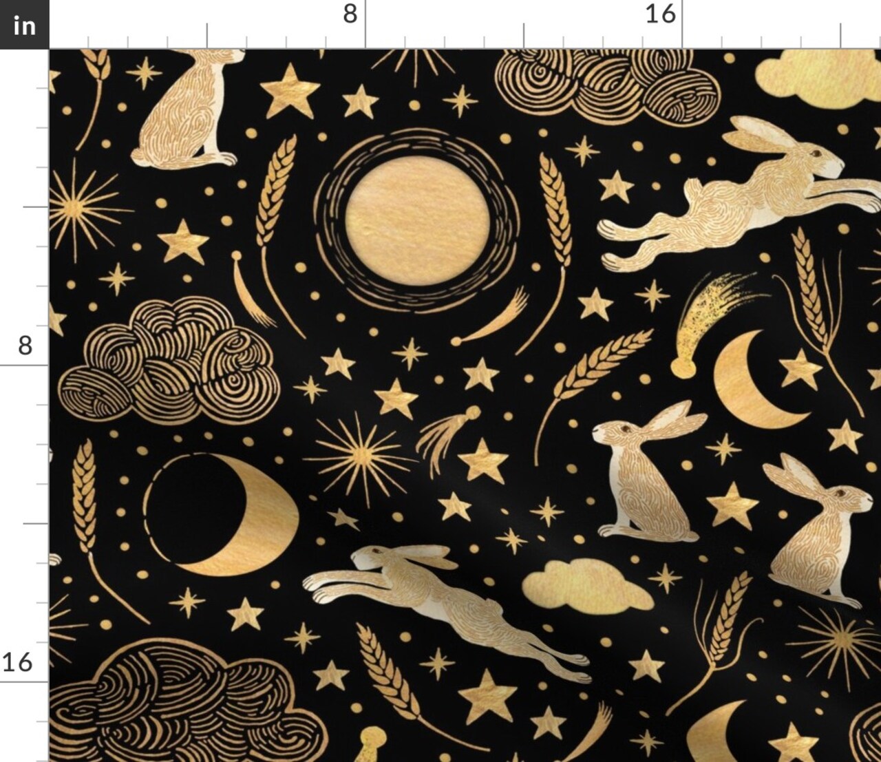 Black Rabbit Stars Clouds Gold Wheat Night Sky Harvest Moon Crescent Shooting Star Hares Comet Custom Printed Fabric by Spoonflower Various Fabrics by the Yard or Fat Quarter